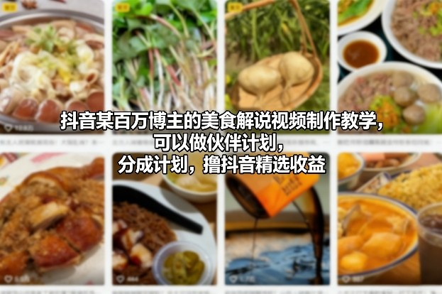 抖音某百万博主的美食解说视频制作教学，可以做伙伴计划，分成计划，撸抖音精选收益-灵感工坊云网创
